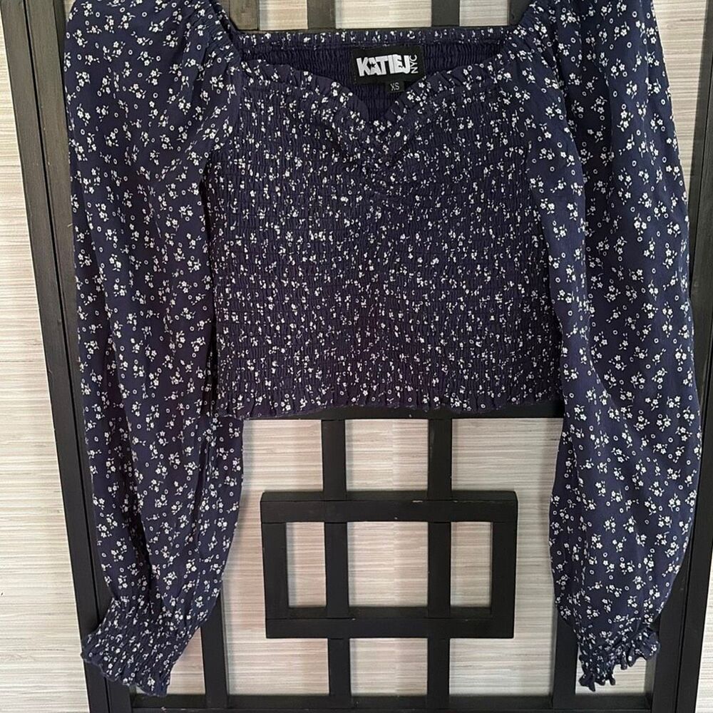 Katie J navy floral print long sleeve cropped shirred blouse top off the shoulde